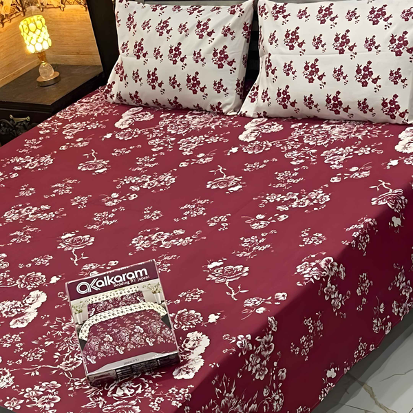 Cotton Double Bedsheet 3 Pcs - Salonica Printed Design - Style Wala