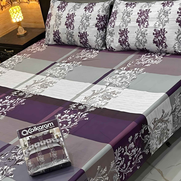 Cotton Printed Double Bedsheet - Cotton Salonica Printed - 3 Pcs - Style Wala