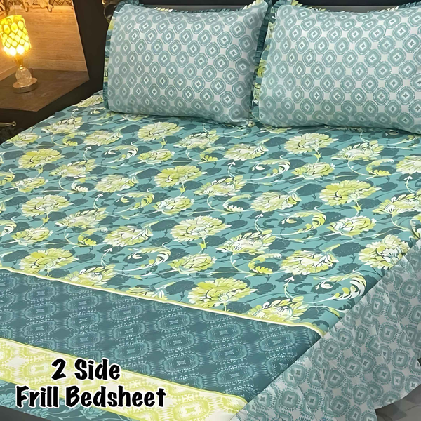 Cotton Frill Double Bedsheet - 3 Pcs Cotton Salonica Frill Double Bedsheet - Style Wala