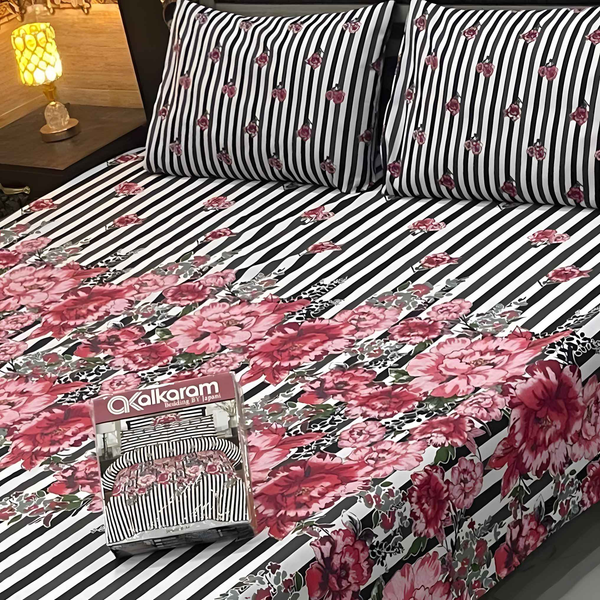 Stylish Cotton Printed Bedsheet Set - 3 Pcs - Mix Cotton Double Bedsheet Set - Style Wala
