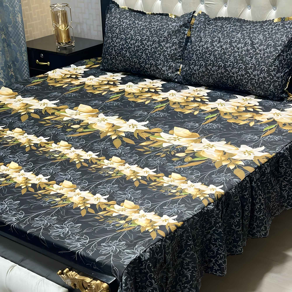 Cotton Frill Double Bedsheet - 3 Pcs Salonica Design - Style Wala