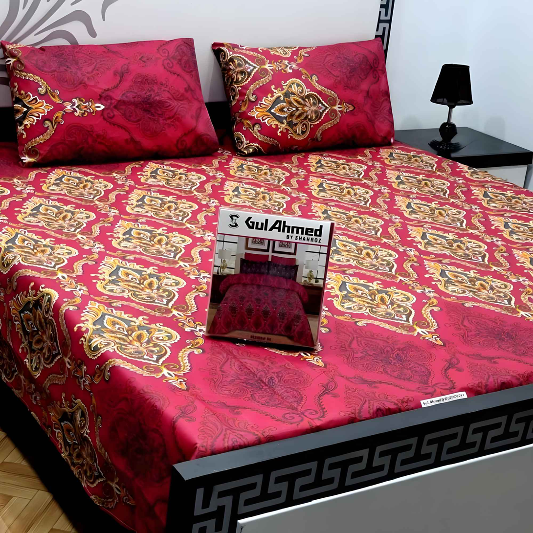 Cotton Printed Double Bedsheet - Salonica Design, 3 Pcs Set - Style Wala